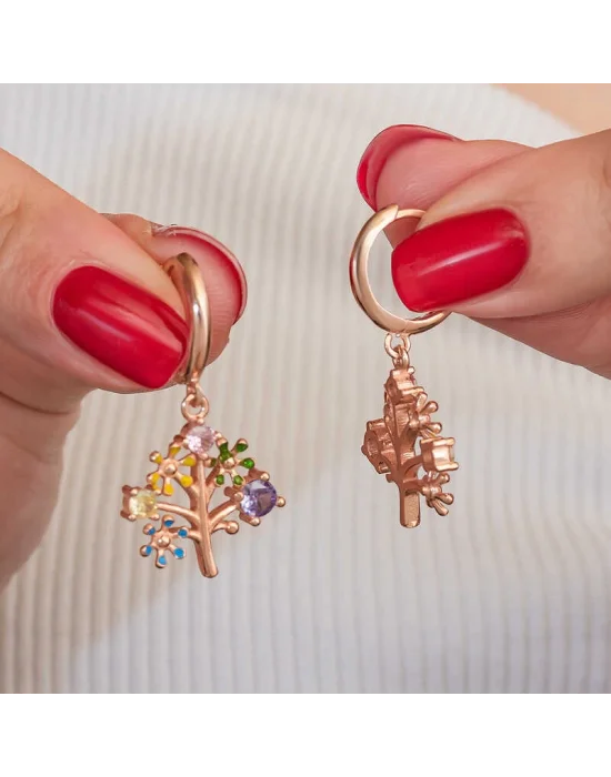 Gümüş Rose Renkli Taşlı Hayat Ağacı Kadın Küpe