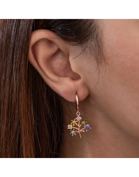 Gümüş Rose Renkli Taşlı Hayat Ağacı Kadın Küpe