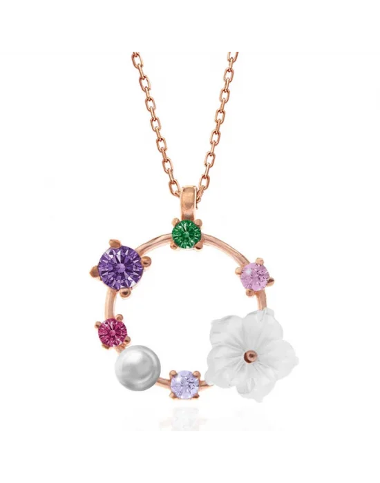 Gümüş Rose Renkli Taşlı Manolya Çiçeği Kadın Kolye