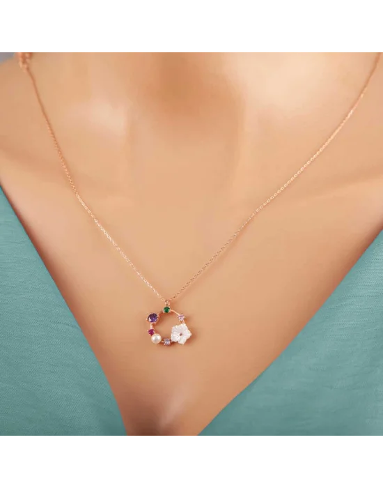 Gümüş Rose Renkli Taşlı Manolya Çiçeği Kadın Kolye