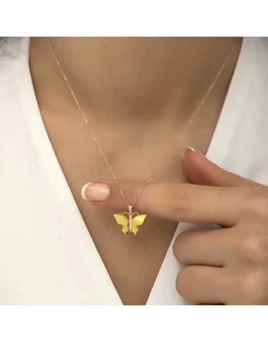 Gümüş Rose Sarı Kaplangözü Taşlı Kelebek Kolye