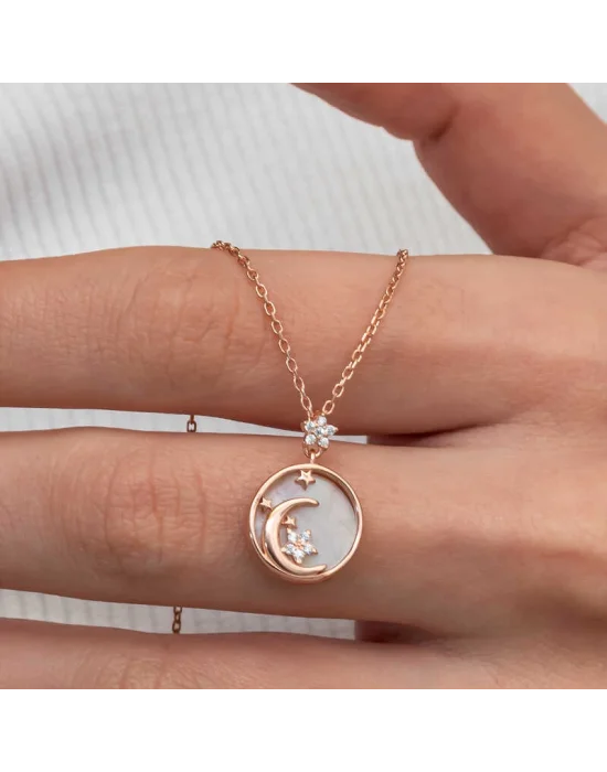 Gümüş Rose Sedef Taşlı Ay Yıldız Hilal Kadın Kolye