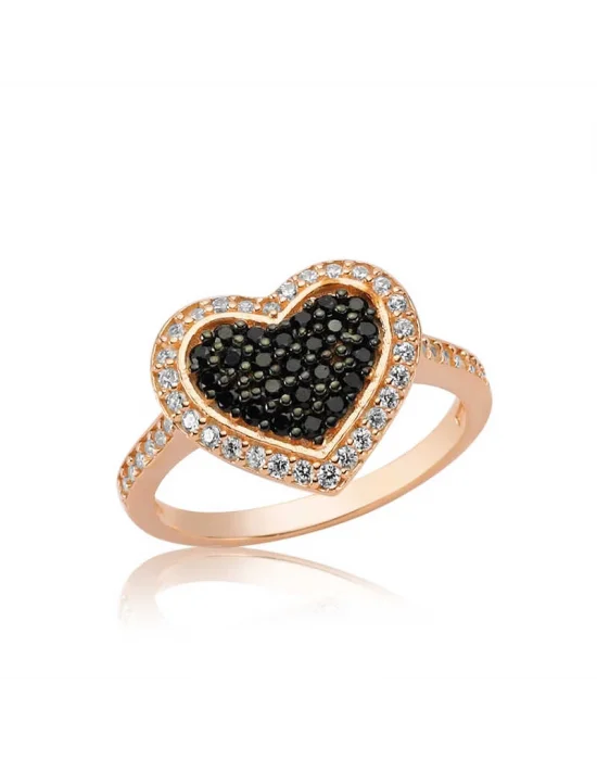 Gümüş Rose Siyah Taşlı Kalp Bayan Yüzük