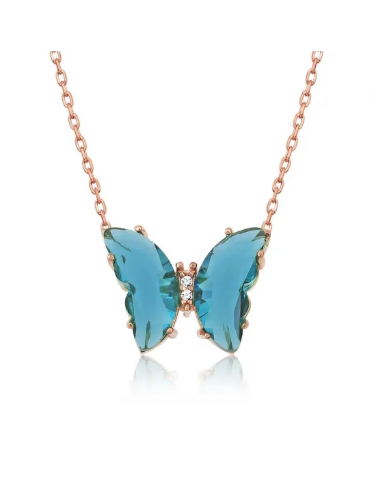 Gümüş Rose Turkuaz Cam Kelebek Kolye