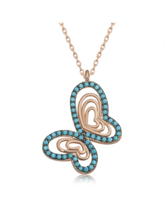 Gümüş Rose Turkuaz Taşlı Kelebek Kadın Kolye