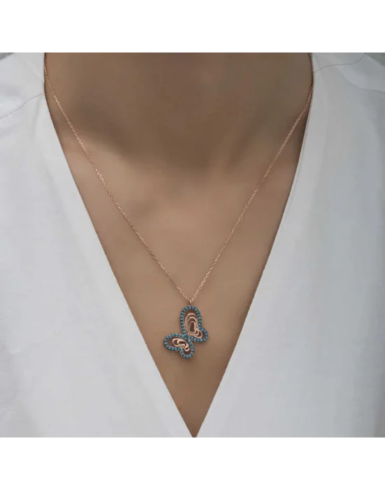 Gümüş Rose Turkuaz Taşlı Kelebek Kadın Kolye