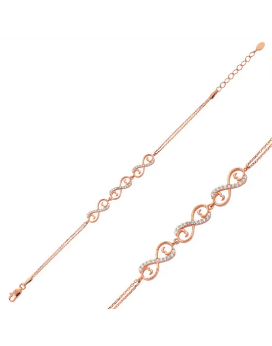 Gümüş Rose Üç Kalpli Sonsuzluk Bayan Bileklik