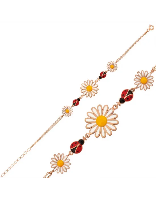 Gümüş Rose Uğur Böcekli Papatya Bayan Bileklik