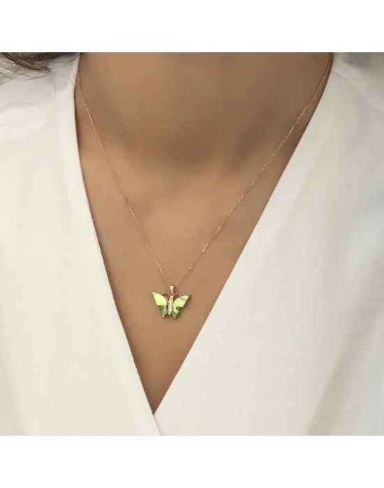 Gümüş Rose Yeşil Kaplangözü Taşlı Kelebek Kolye