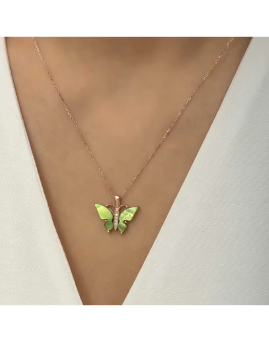 Gümüş Rose Yeşil Kaplangözü Taşlı Kelebek Kolye