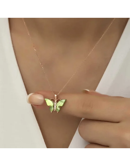 Gümüş Rose Yeşil Kaplangözü Taşlı Kelebek Kolye