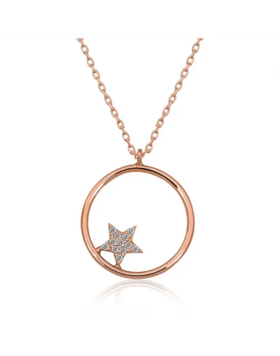 Gümüş Rose Yıldız Detaylı Halka Kolye