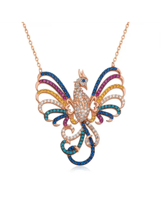 Gümüş Rose Zümrüdü Anka Kuşu Bayan Kolye