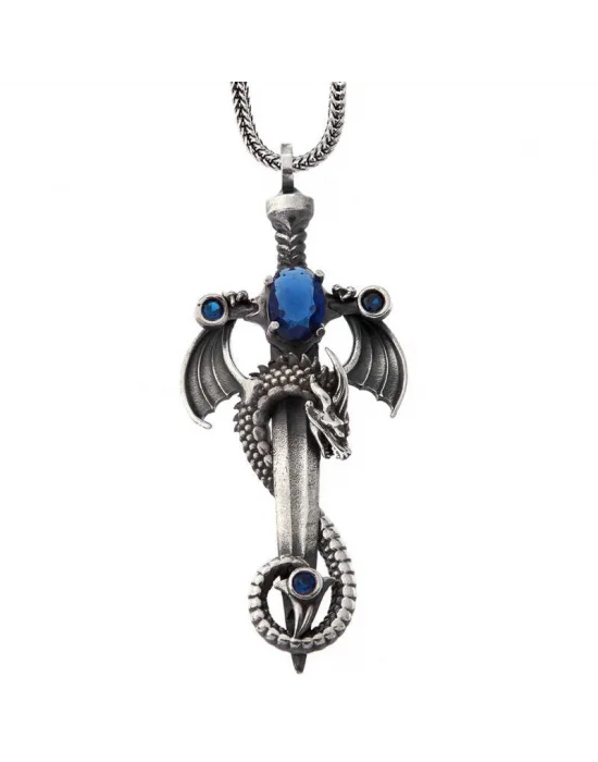 Gümüş Safir Taşlı Ejderha Erkek Kılıç Kolye