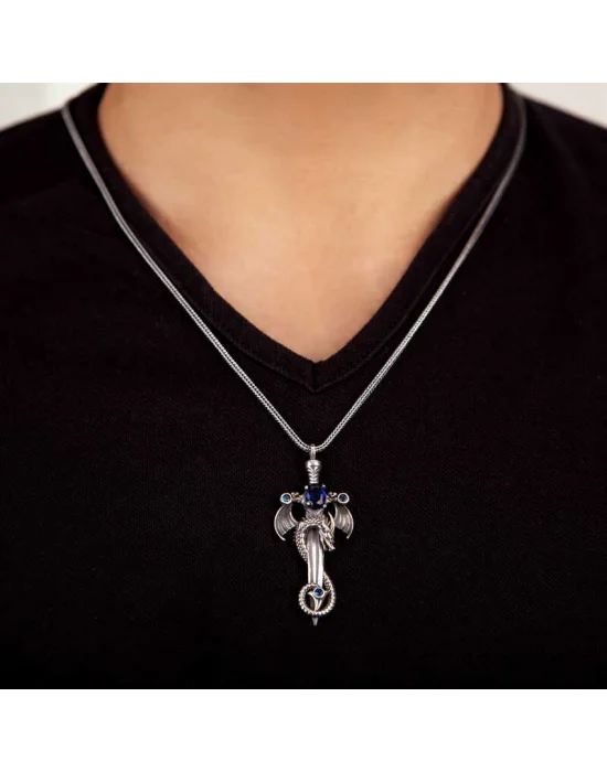 Gümüş Safir Taşlı Ejderha Erkek Kılıç Kolye