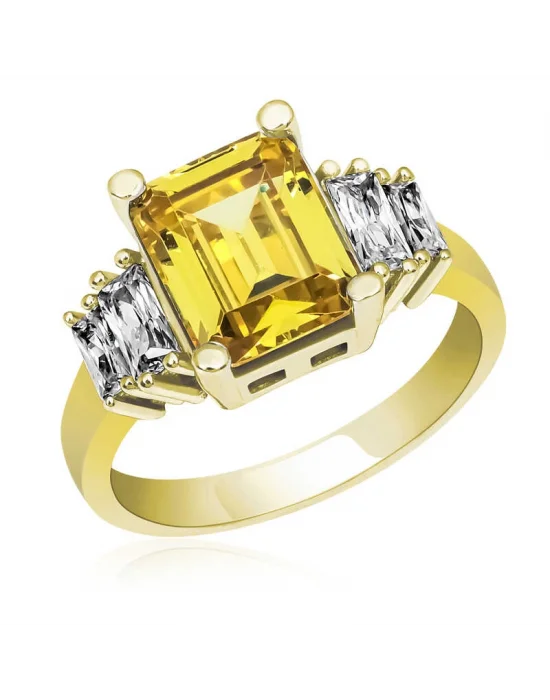 Gümüş Sarı Baget Taşlı Gold Bayan Yüzük