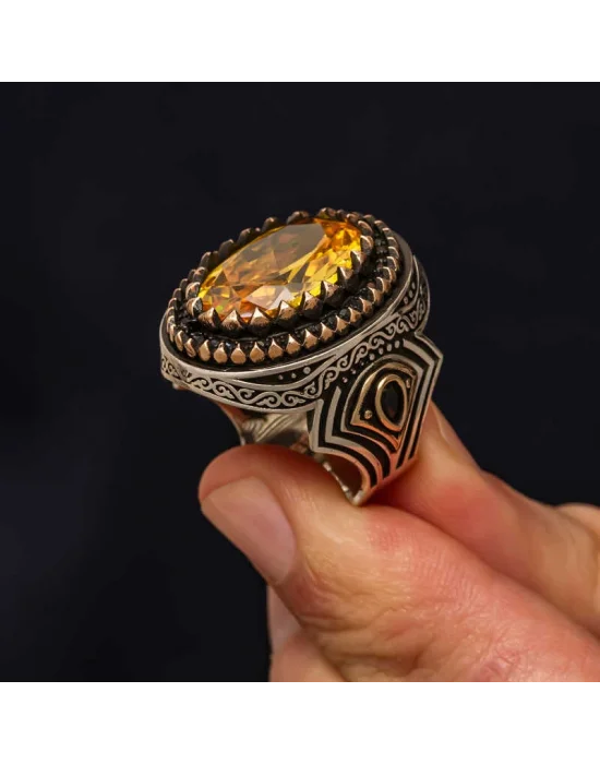 Gümüş Sarı Sitrin Zirkon Taşlı Desenli Erkek Yüzük