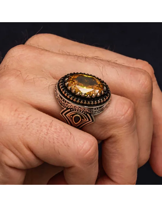 Gümüş Sarı Sitrin Zirkon Taşlı Desenli Erkek Yüzük