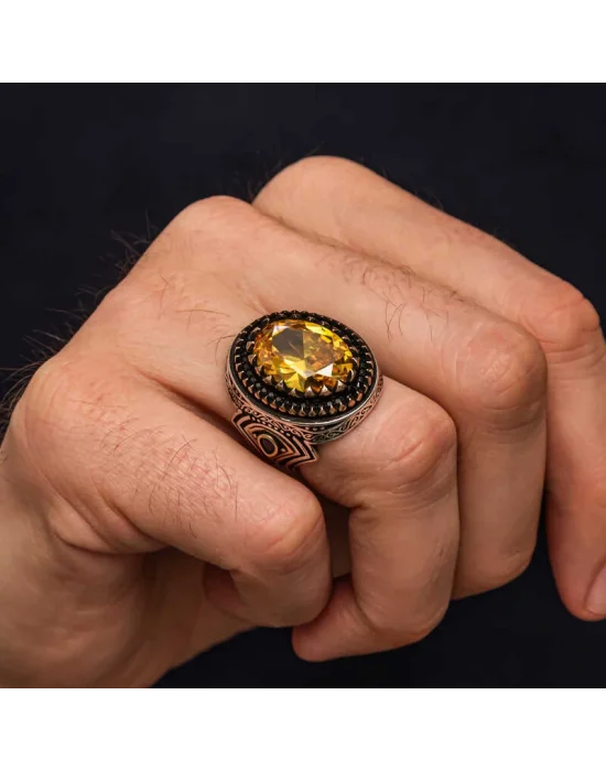 Gümüş Sarı Sitrin Zirkon Taşlı Desenli Erkek Yüzük