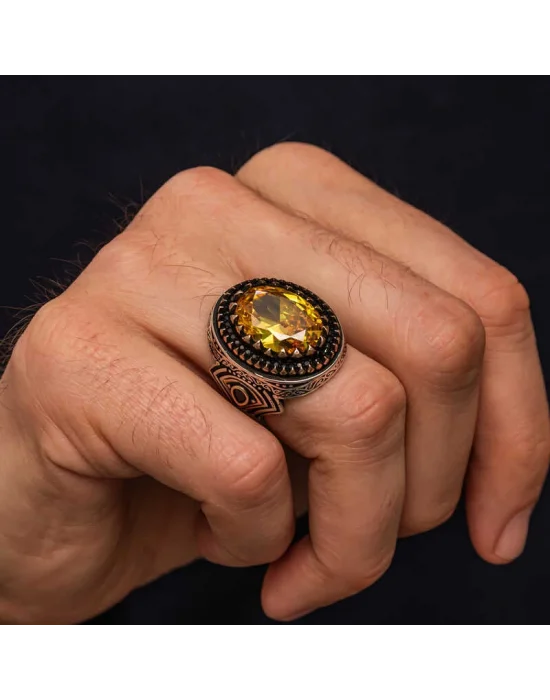 Gümüş Sarı Sitrin Zirkon Taşlı Desenli Erkek Yüzük