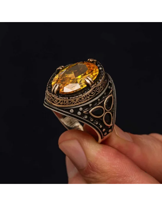Gümüş Sarı Sitrin Zirkon Taşlı Erkek Yüzük