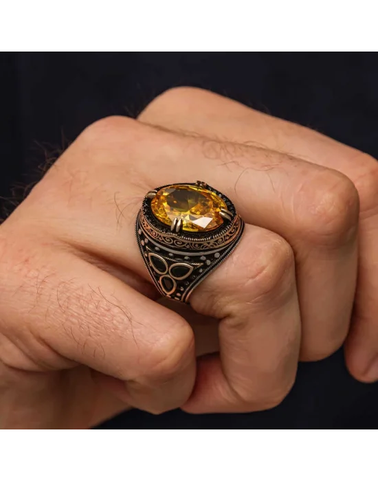 Gümüş Sarı Sitrin Zirkon Taşlı Erkek Yüzük