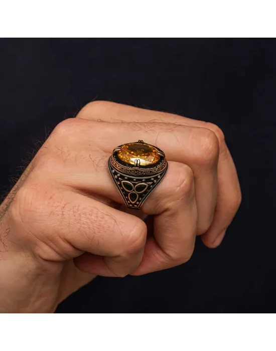 Gümüş Sarı Sitrin Zirkon Taşlı Erkek Yüzük