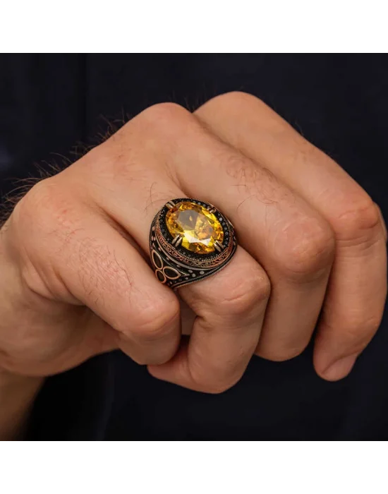 Gümüş Sarı Sitrin Zirkon Taşlı Erkek Yüzük