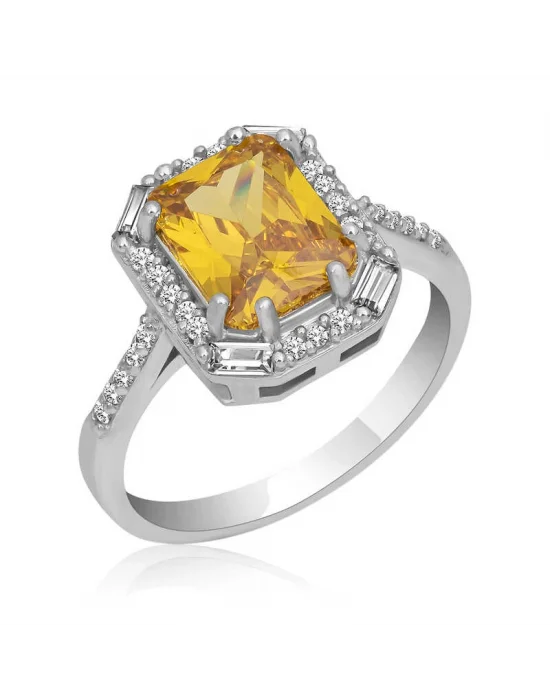 Gümüş Sarı Taşlı Baget Kare Kadın Yüzük