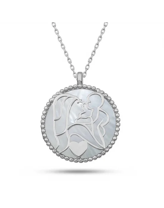 Gümüş Sedef Taşlı Anne Çocuk Sevgisi Kolye