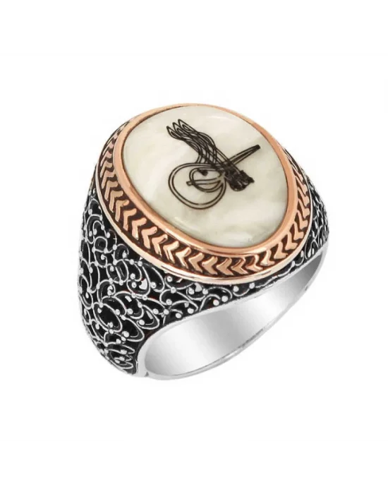 Gümüş Sedef Üzeri Tuğralı Erkek Yüzük