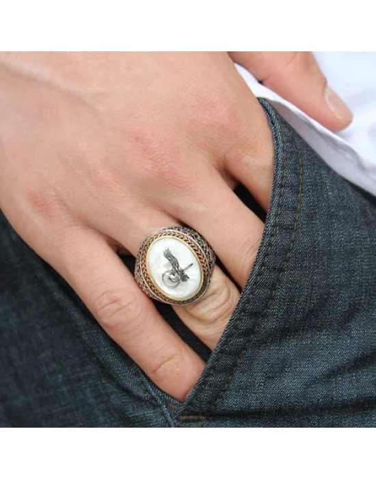 Gümüş Sedef Üzeri Tuğralı Erkek Yüzük