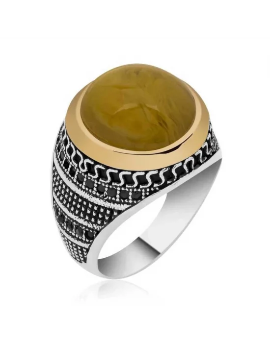 Gümüş Sıkma Kehribar Taşlı Erkek Yüzük