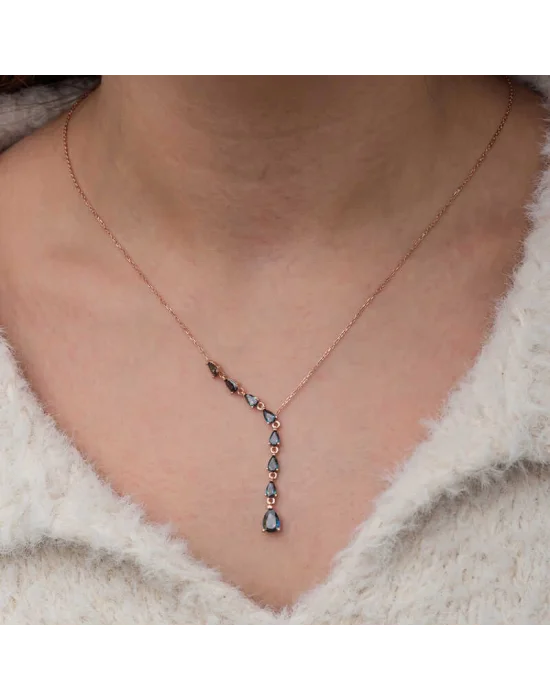 Gümüş Sıralı Mistik Topaz Taşlı Damla Kadın Kolye