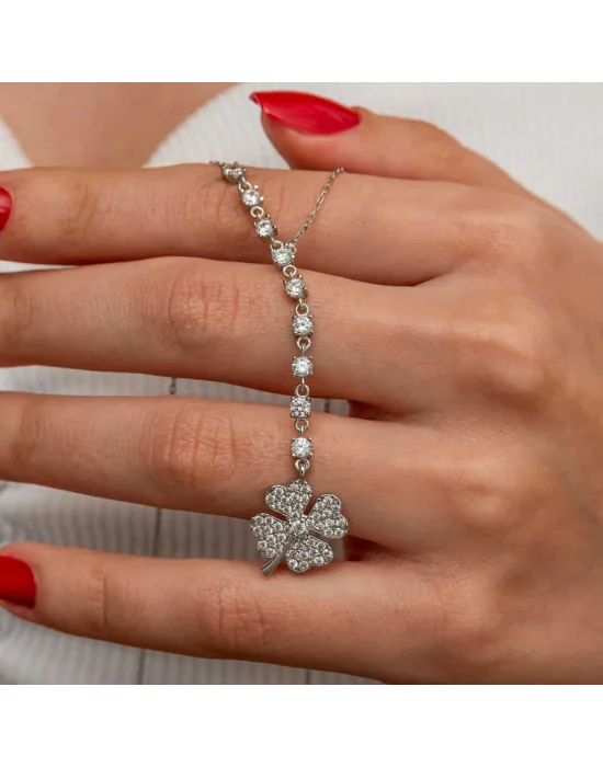 Gümüş Sıralı Zirkon Taşlı Yonca Kadın Kolye