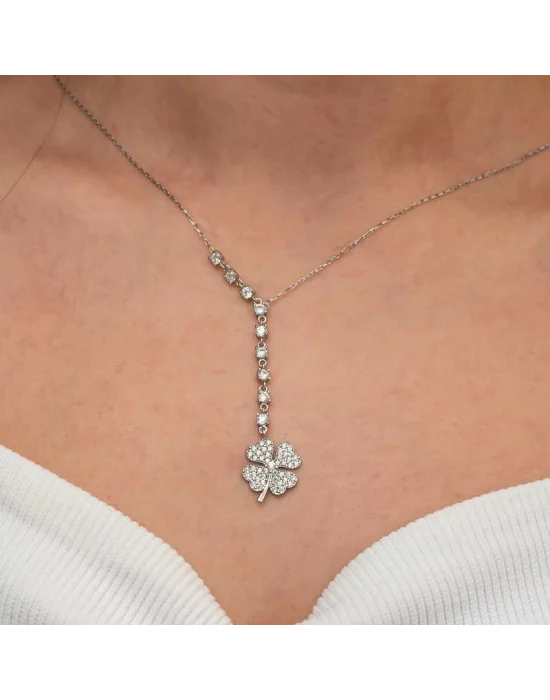 Gümüş Sıralı Zirkon Taşlı Yonca Kadın Kolye