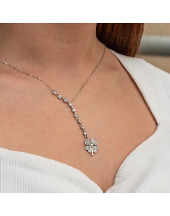 Gümüş Sıralı Zirkon Taşlı Yonca Kadın Kolye