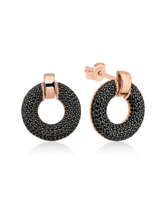 Gümüş Siyah Çok Taşlı Daire Bayan Küpe