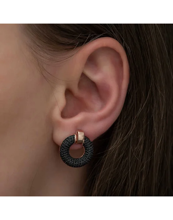 Gümüş Siyah Çok Taşlı Daire Bayan Küpe