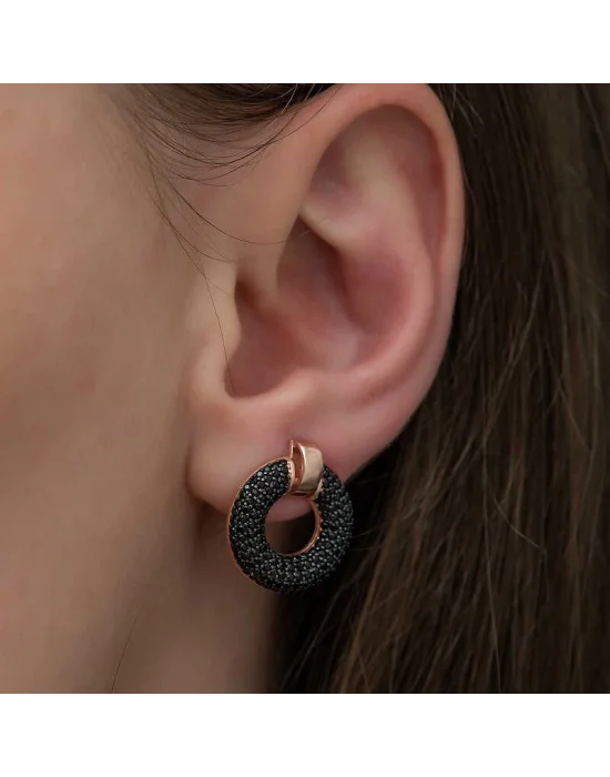 Gümüş Siyah Çok Taşlı Daire Bayan Küpe