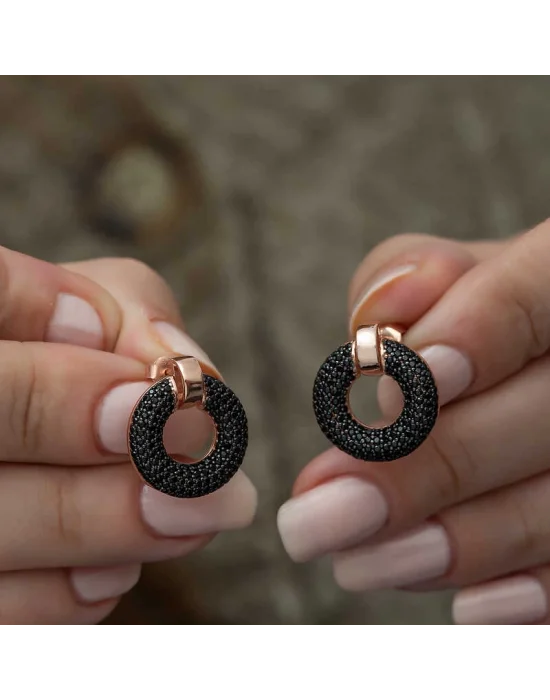 Gümüş Siyah Çok Taşlı Daire Bayan Küpe