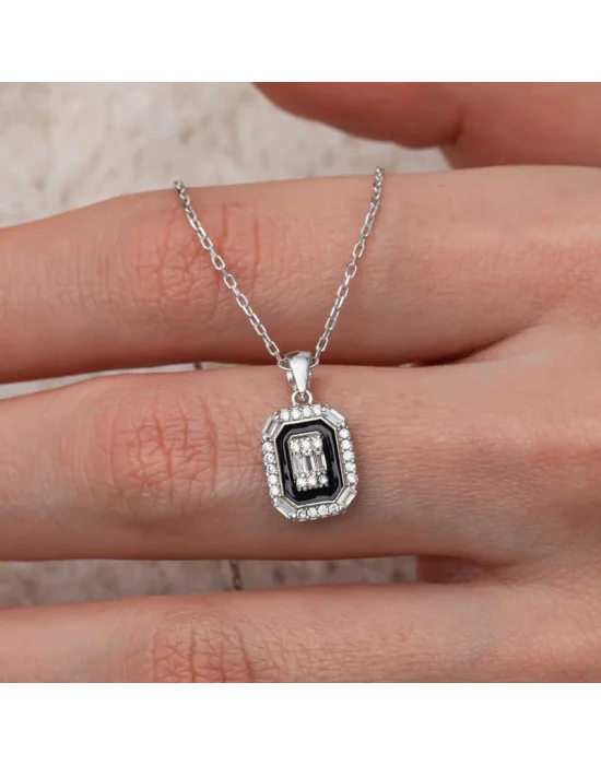 Gümüş Siyah Mineli Baget Kadın Kolye