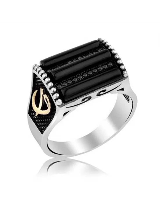 Gümüş Siyah Taşlı Elif Vav Erkek Yüzük
