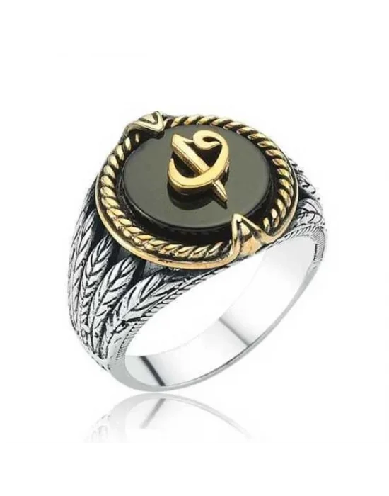 Gümüş Siyah Taşlı Elif Vav Erkek Yüzük