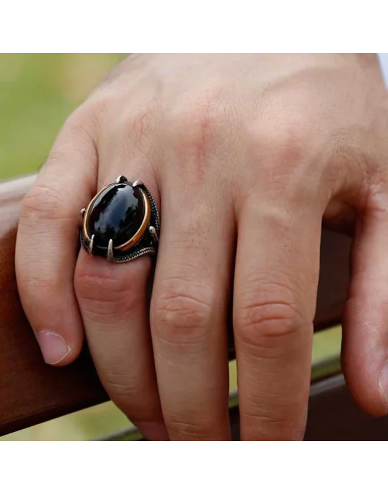 Gümüş Siyah Taşlı Kartal Pençesi Erkek Yüzük