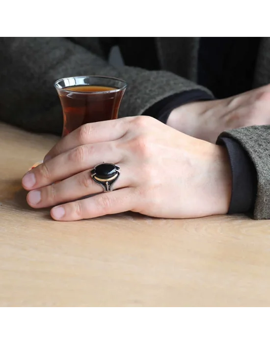 Gümüş Siyah Taşlı Kartal Pençesi Erkek Yüzük
