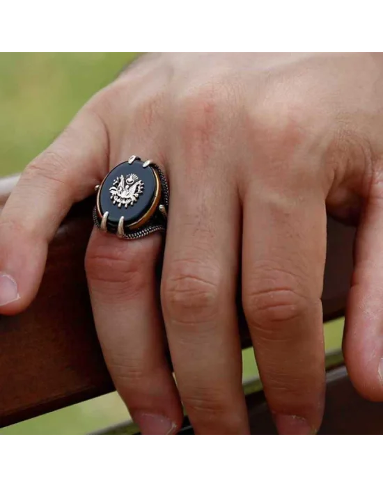 Gümüş Siyah Taşlı Kartal Pençesi Osmanlı Devlet Arması Erkek Yüzük