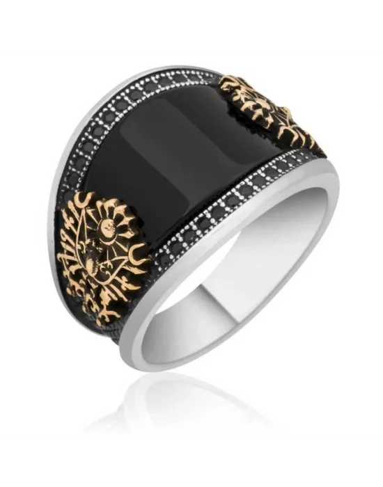 Gümüş Siyah Taşlı Osmanlı Armalı Erkek Yüzük