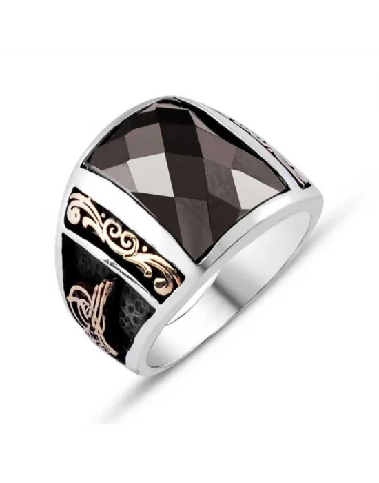 Gümüş Siyah Taşlı Tuğralı Erkek Yüzük