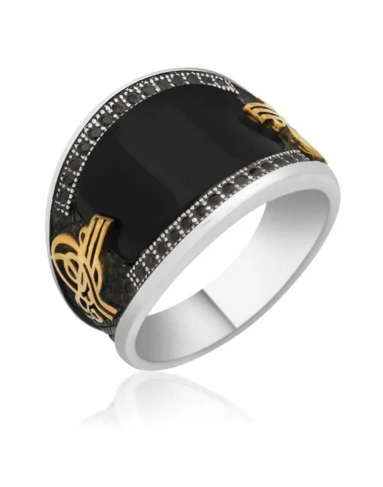 Gümüş Siyah Taşlı Tuğralı Erkek Yüzük